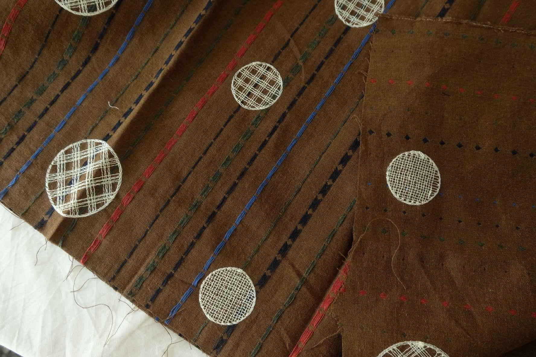 Brown Striped Linen Cotton Fabric with Circle Embroidery – 1.4 yd