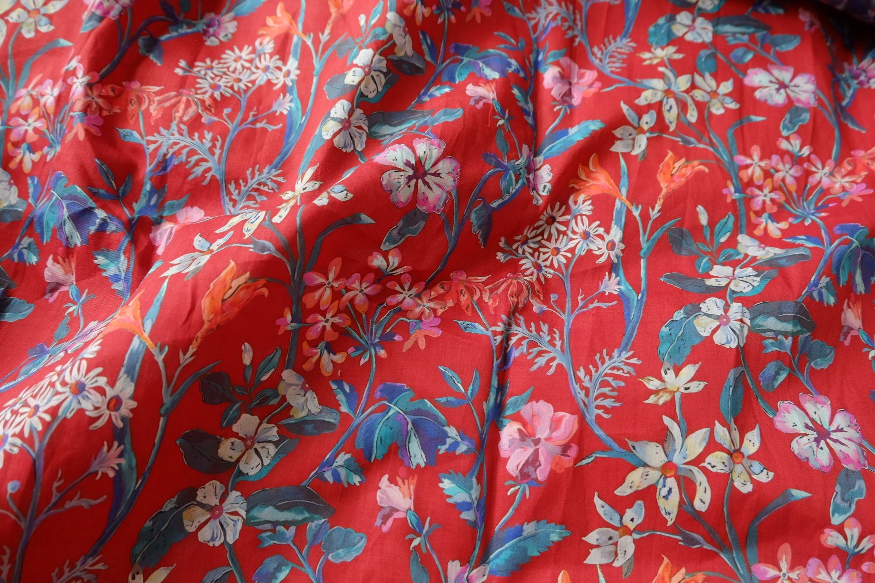 Red Floral Cotton Lawn Fabric, Light & Silky, 3.3 Yards