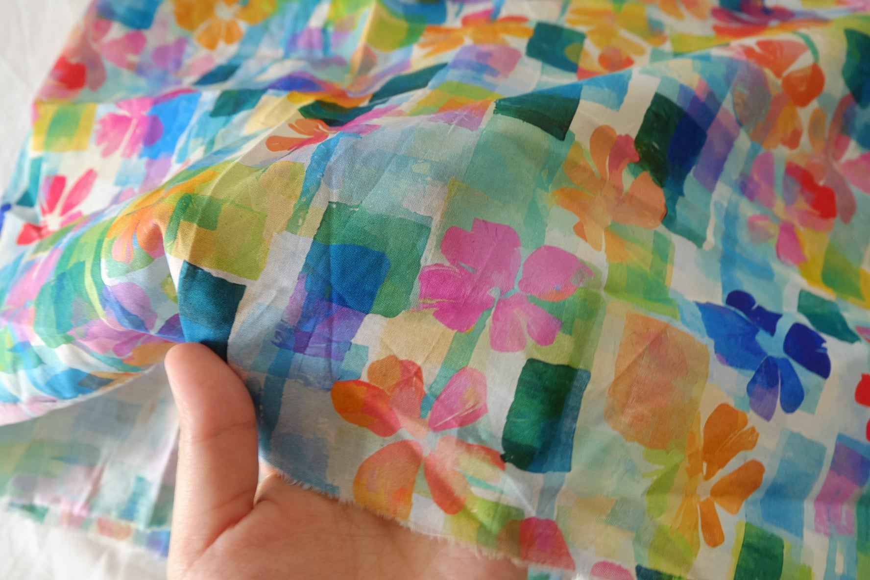 Watercolor Floral Check Cotton Poplin Fabric – 2.2 yd