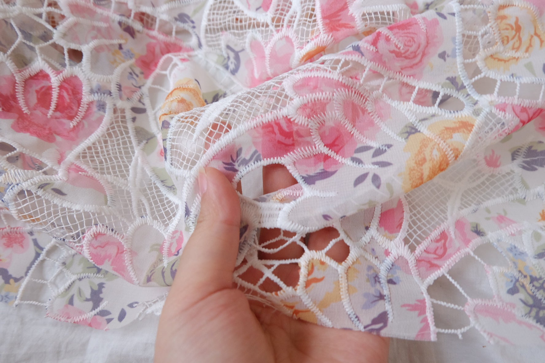 Pink Floral Openwork Embroidered Lace Fabric - 2.19 yd