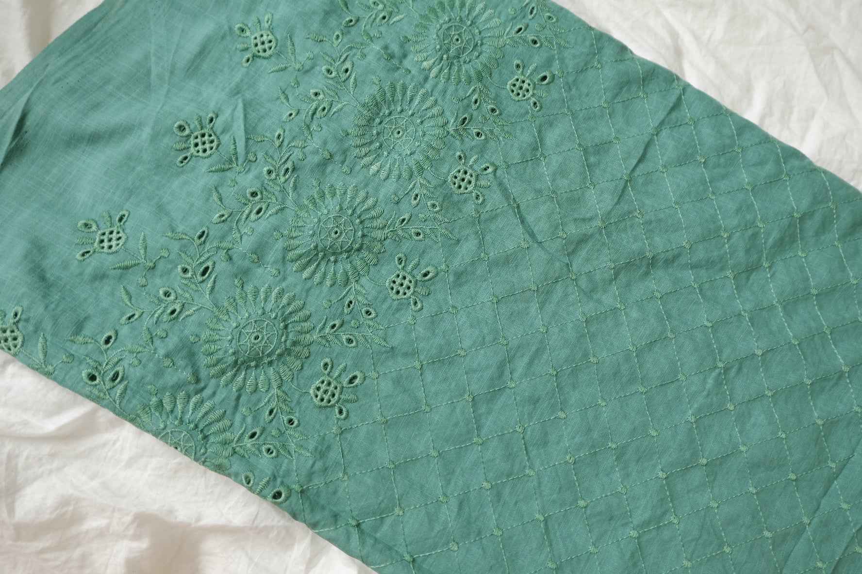 Green Double-Border Embroidered Cotton-Linen Fabric - 1.64 yd