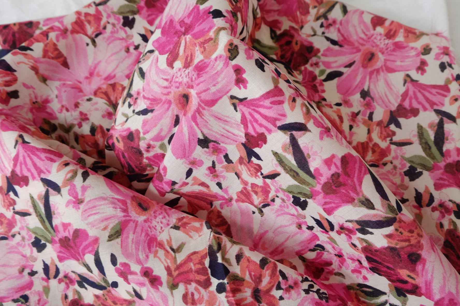 Border Floral Cotton Fabric, Double Border Dress Fabric in Pink, 3.28 Yards