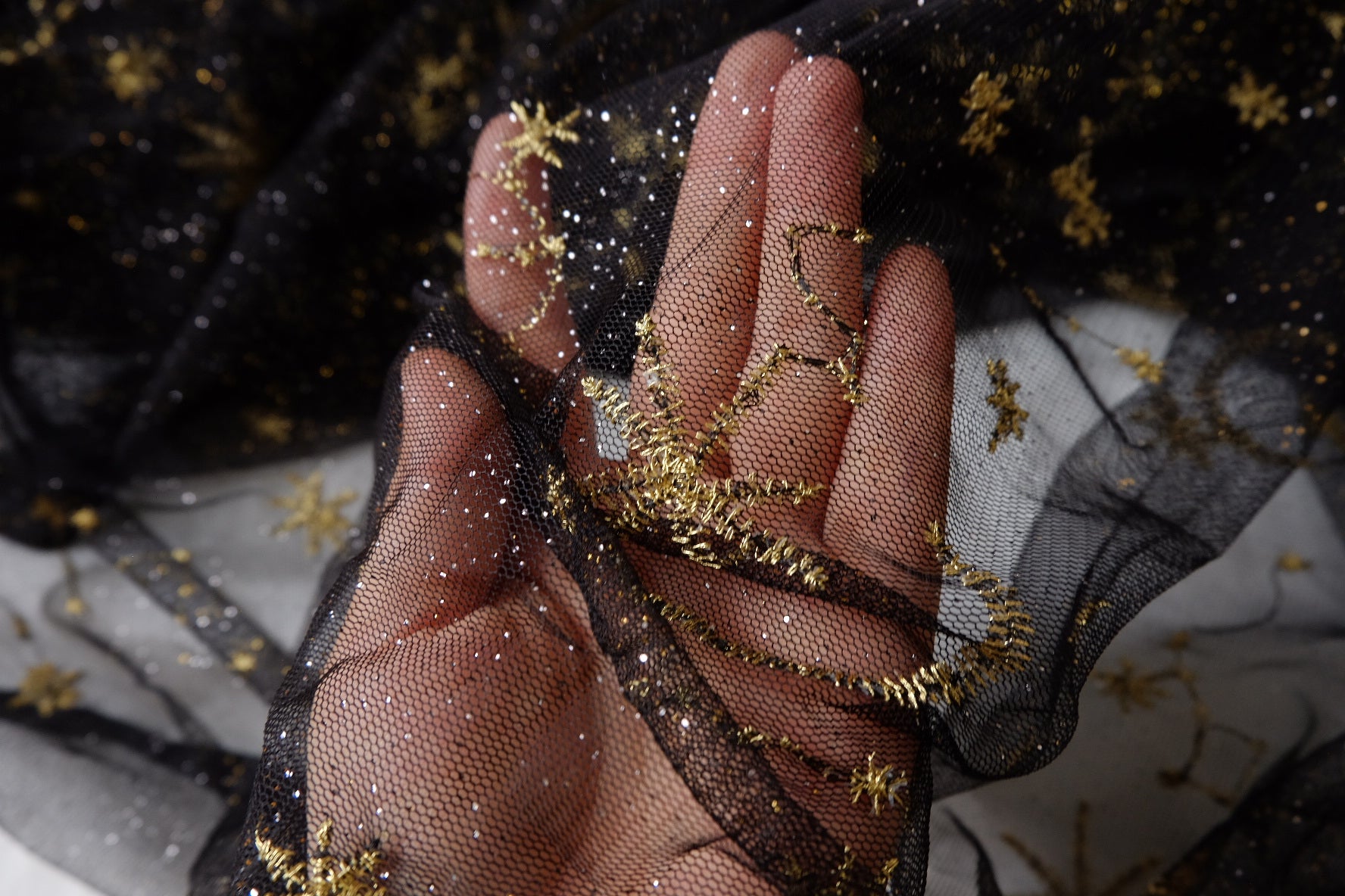 Black Celestial Glitter Lace Tulle Fabric - 4.37 yd