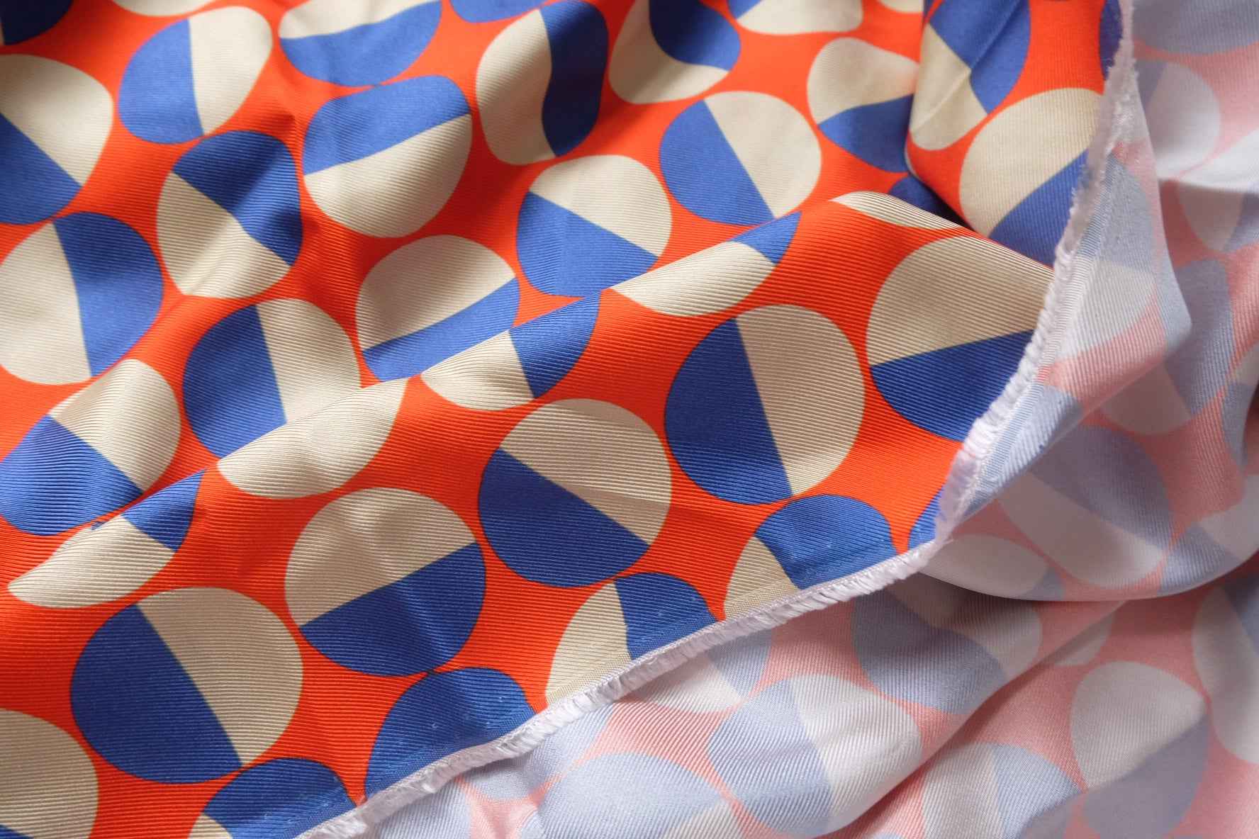 Graphic Orange Blue Silk Twill Crepe Fabric, Crisp Structured Weight, 2.21 Yards