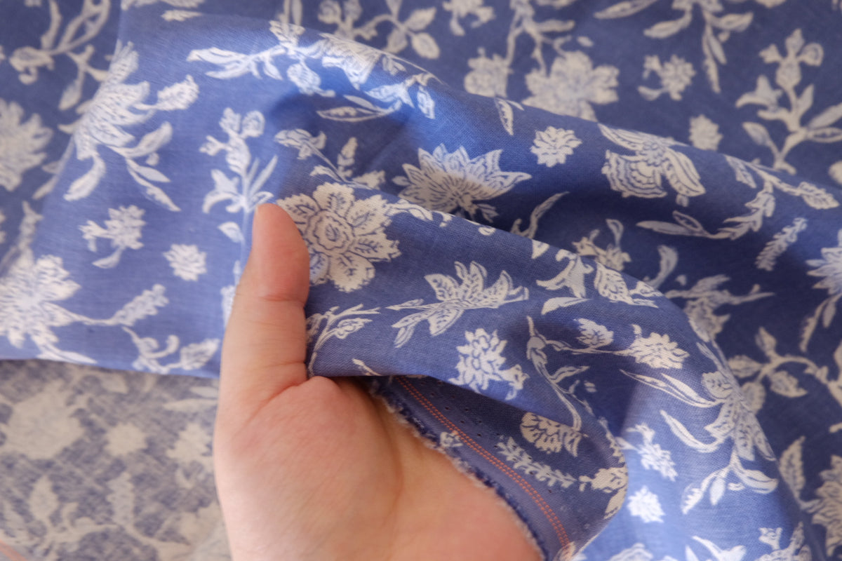 Vintage Blue Botanical Cotton Linen Fabric – 2.2 yd