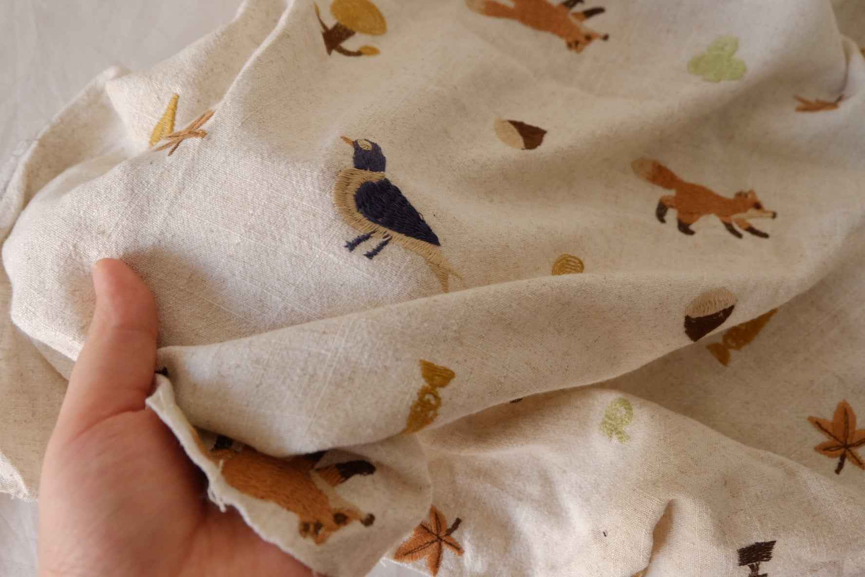 Woodland Animal Embroidered Linen Cotton Fabric – 2.2 yd