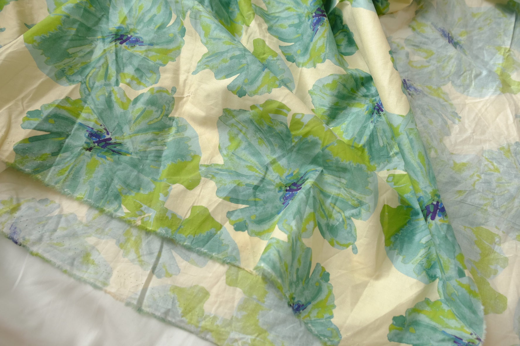 Blue Watercolor Floral Cotton Poplin Fabric - 2.19 yd