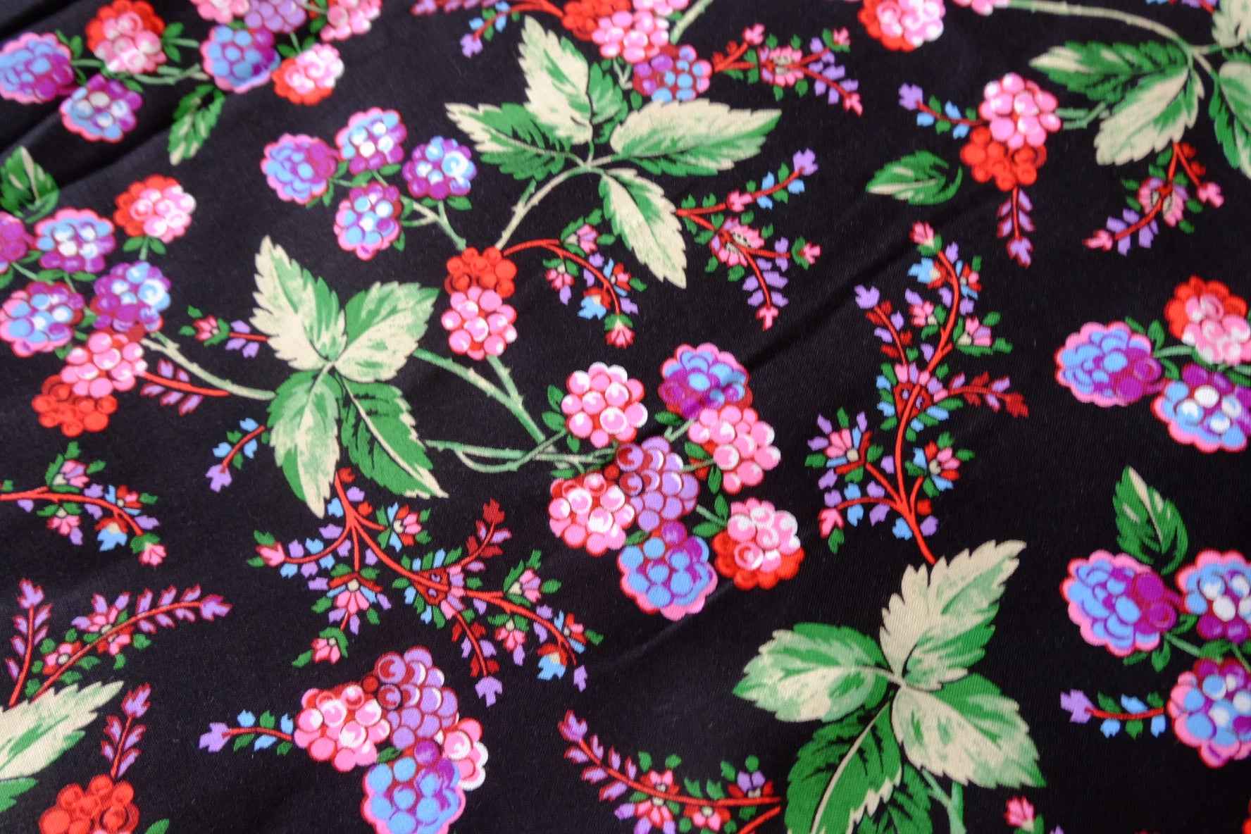 Black Berry Floral Designer Deadstock Cotton Fabric - 1.64 Yards