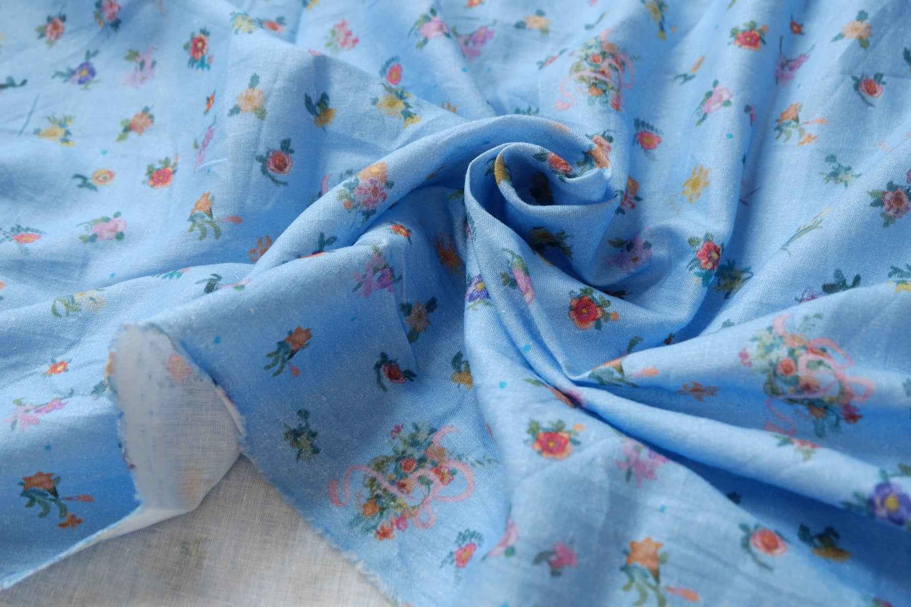 Soft Blue Floral Linen Cotton Fabric, Lightweight and Airy for Dresses and Blouses, 3.28 Yards