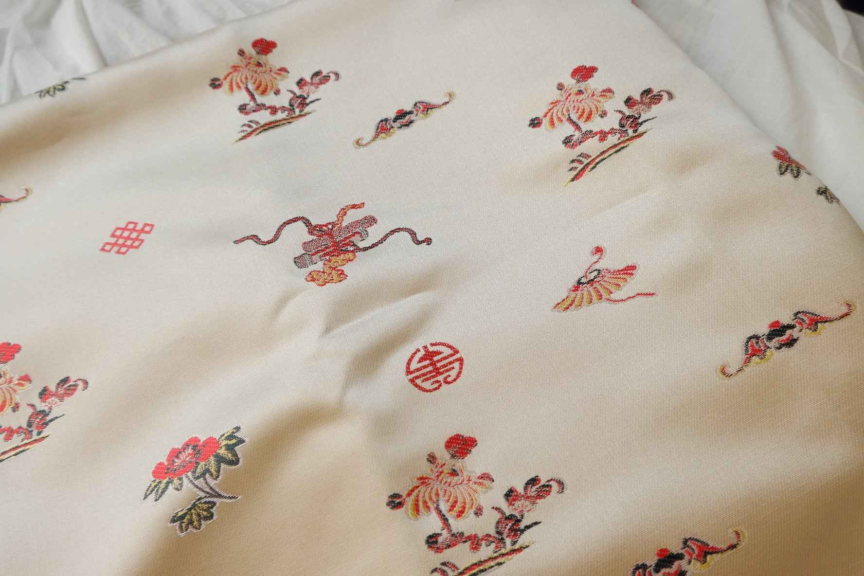 Chinese Motif Brocade Fabric, Ivory Jacquard Satin for Jackets and Vests, 2.19 Yards