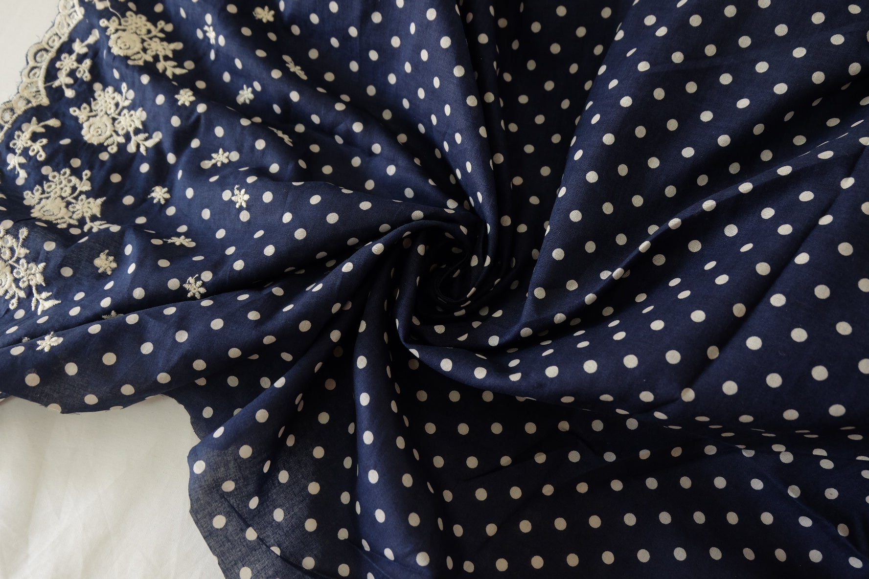 Navy Polka Dot Double Border Embroidered Cotton Poplin-2.2 yds