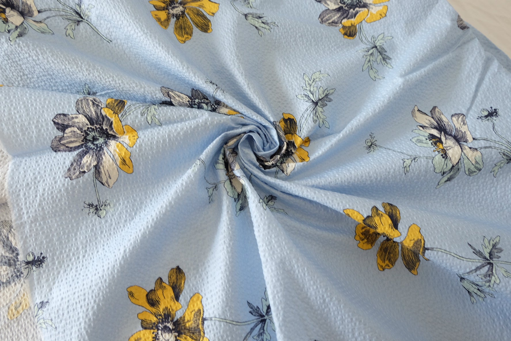 Textured Blue Floral Salt-Shrink Cotton Fabric - 3.3 yd