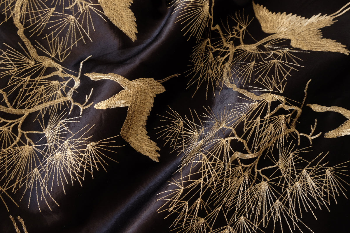 Golden Cranes & Pine Embroidered Acetate Viscose Satin – 2.19 yd
