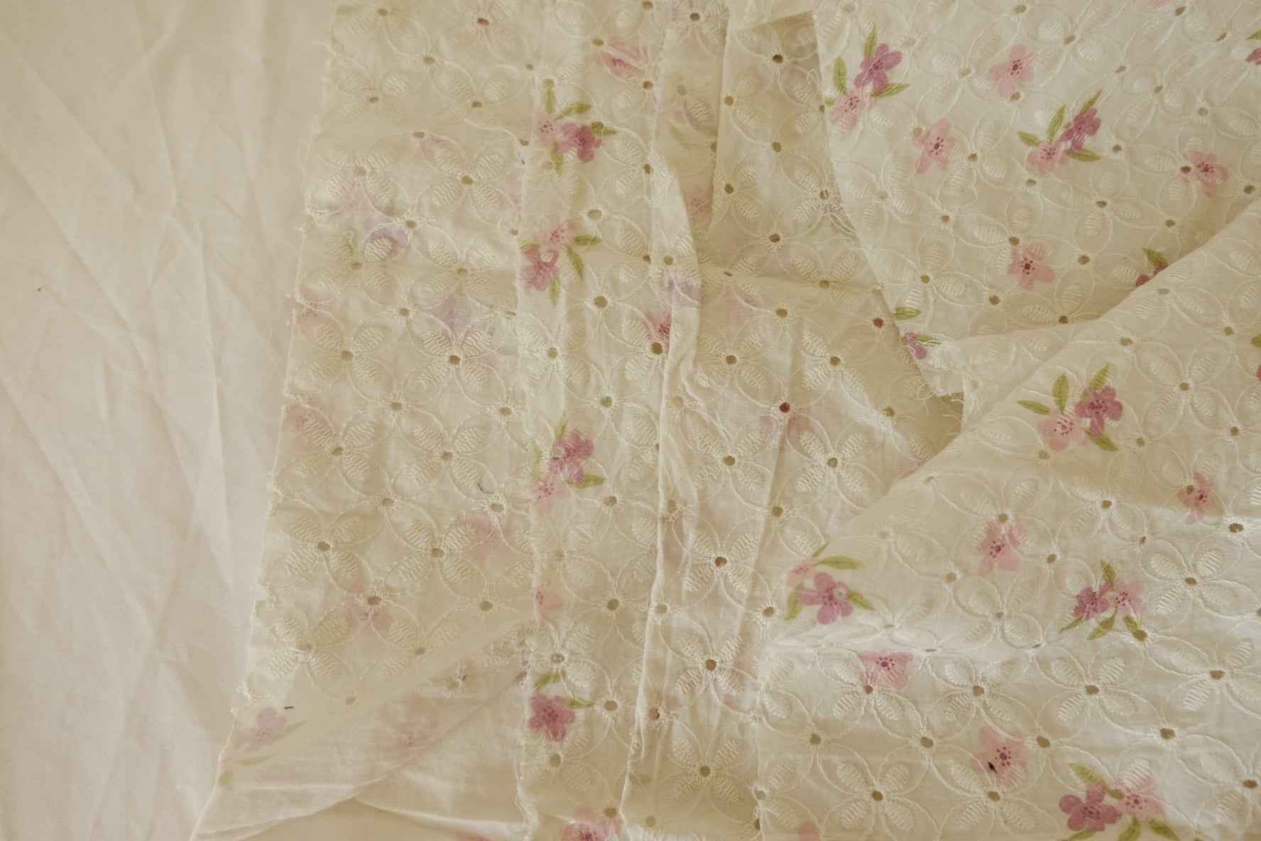 Pink Floral Embroidered Cotton Fabric – 1.3 yd