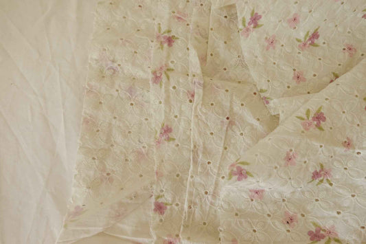 Pink Floral Embroidered Cotton Fabric – 1.3 yd
