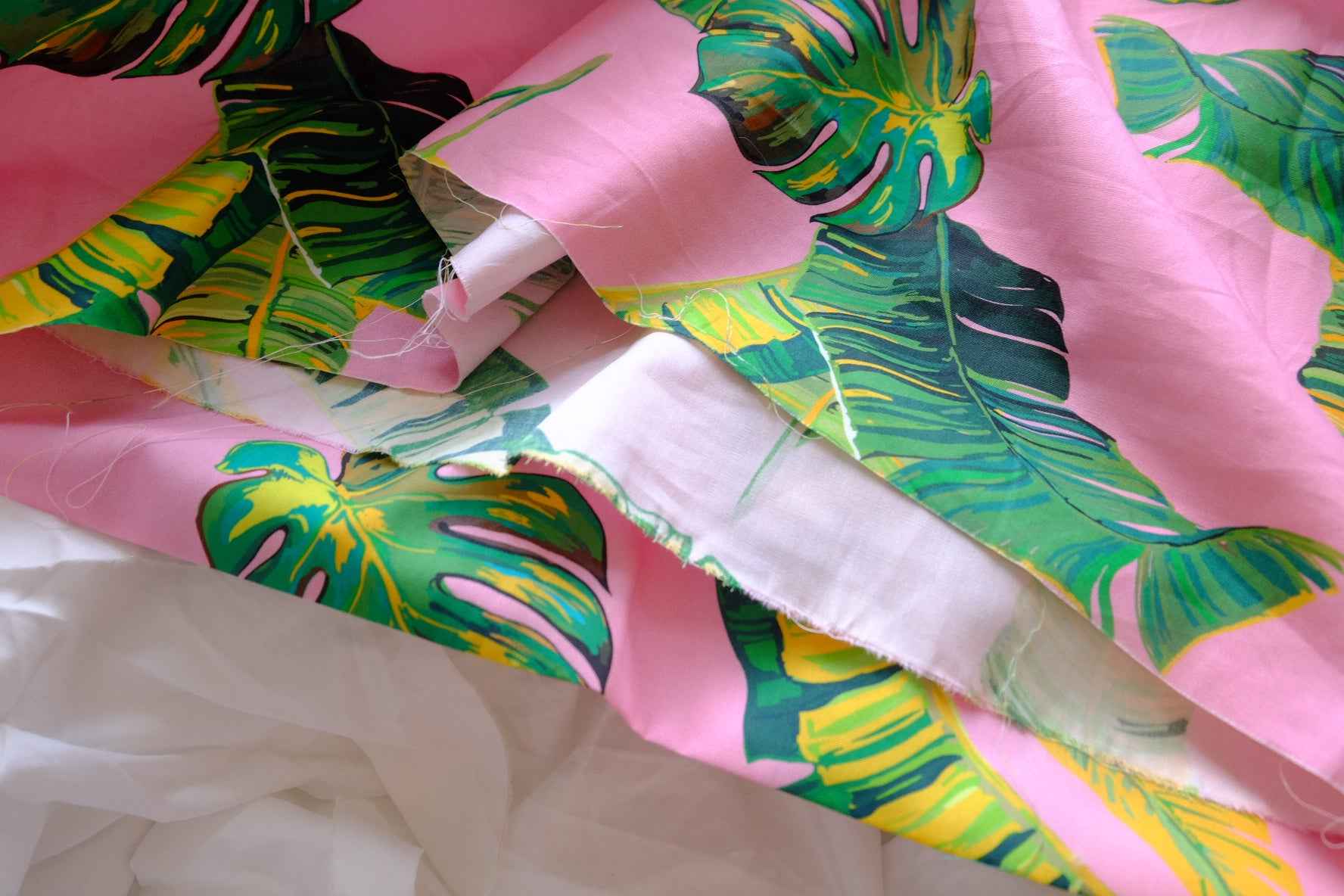 Pink Tropical Leaf Cotton Poplin Fabric - 3.28 yd