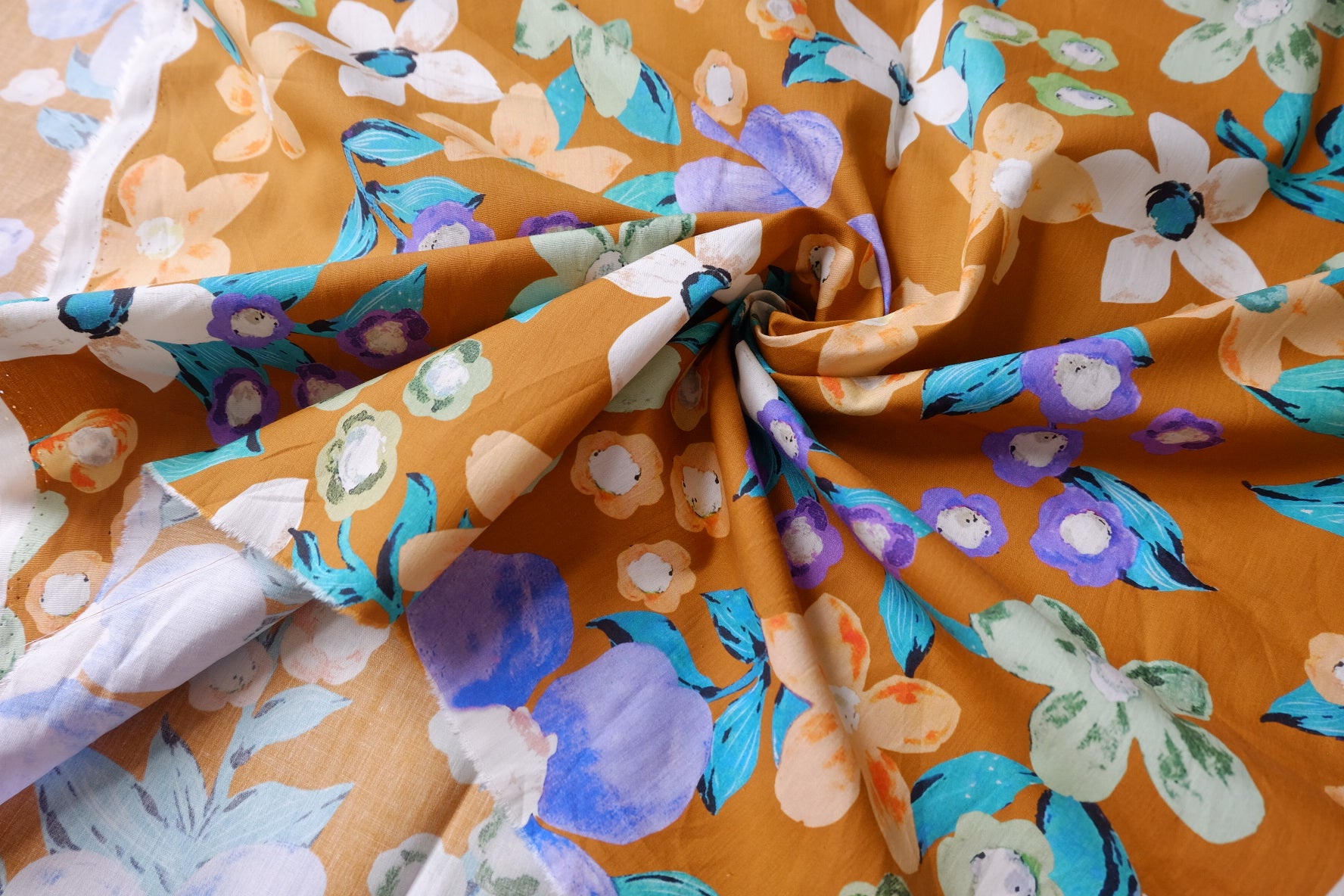Ochre Painterly Floral Cotton Poplin — 3.28 yd