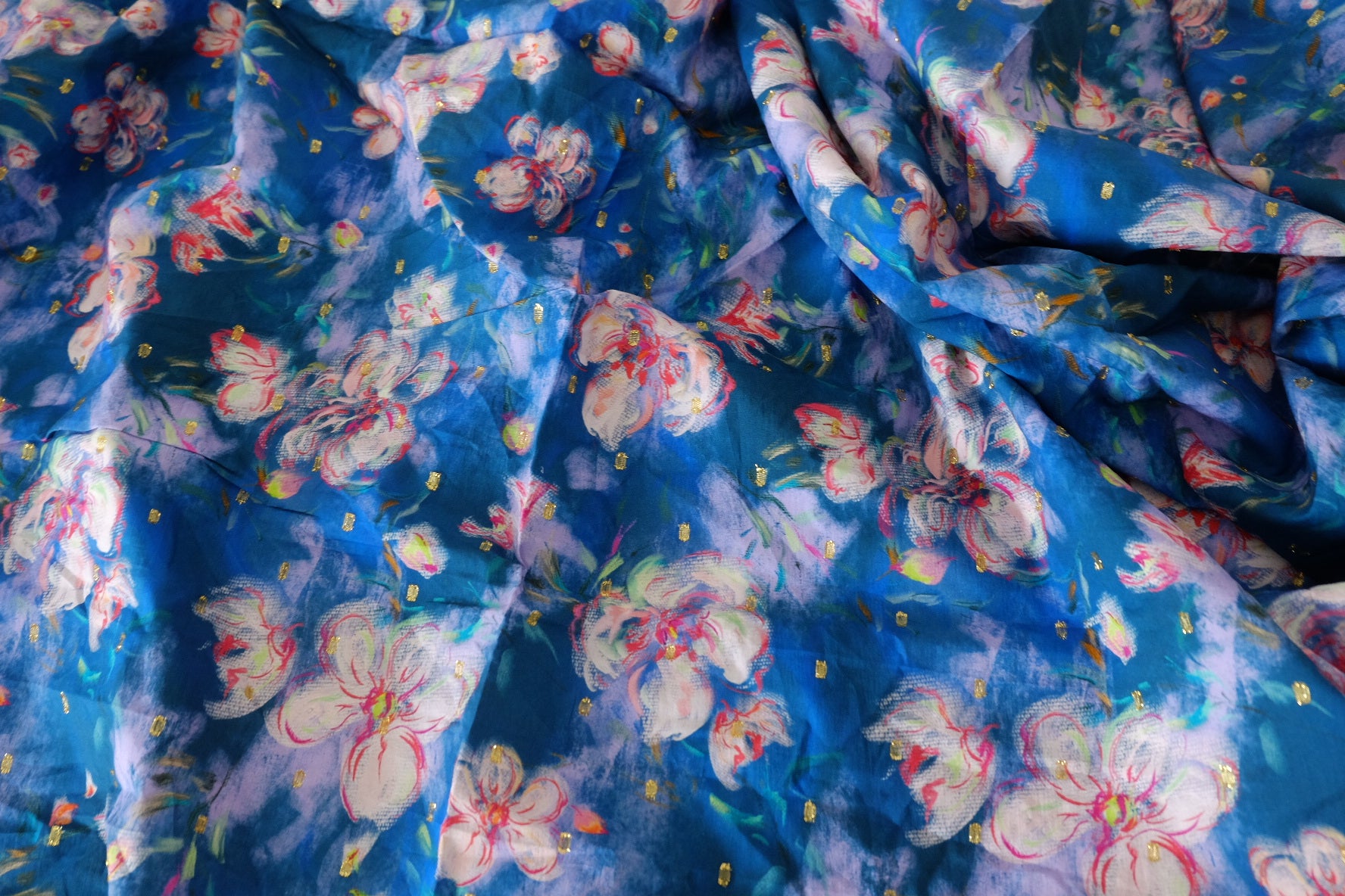 Cobalt Watercolor Floral Gold-Dot Cotton Lawn – 2 yd