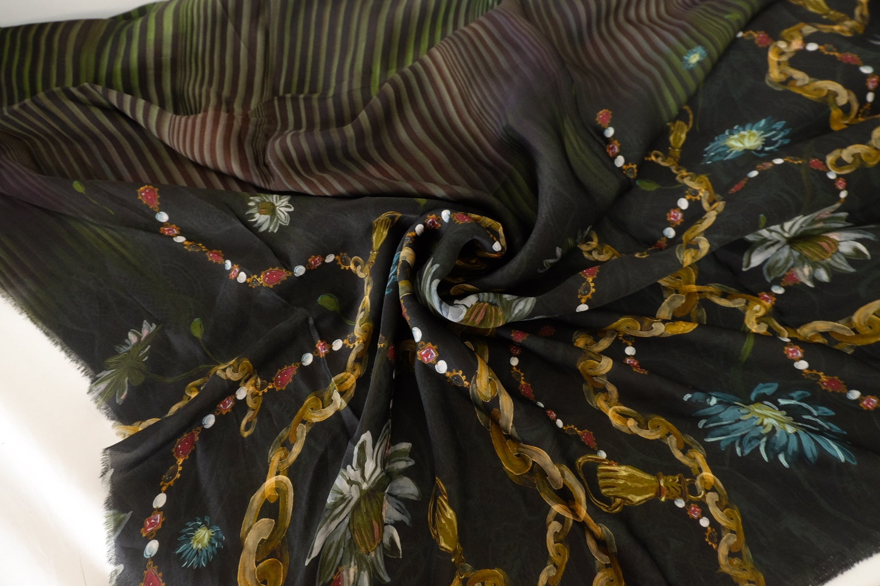 Green Scarf Print Border Rayon Fabric – 3.3 yd