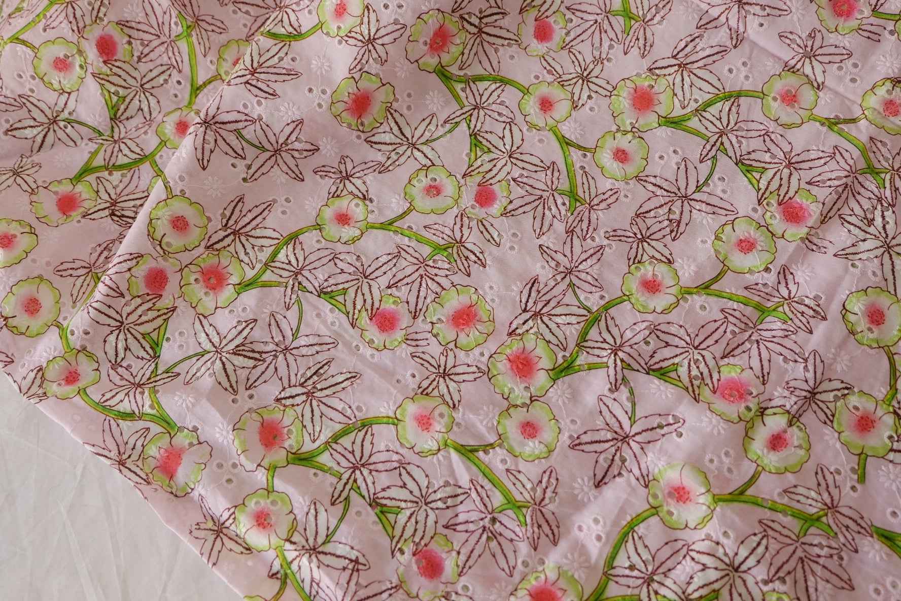 Pink Floral Eyelet Embroidered Cotton Fabric – 1.3 yd