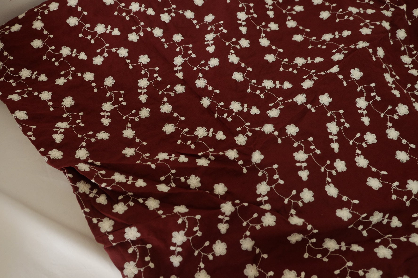 Burgundy Floral Embroidered Cotton Fabric – 2.2 yd