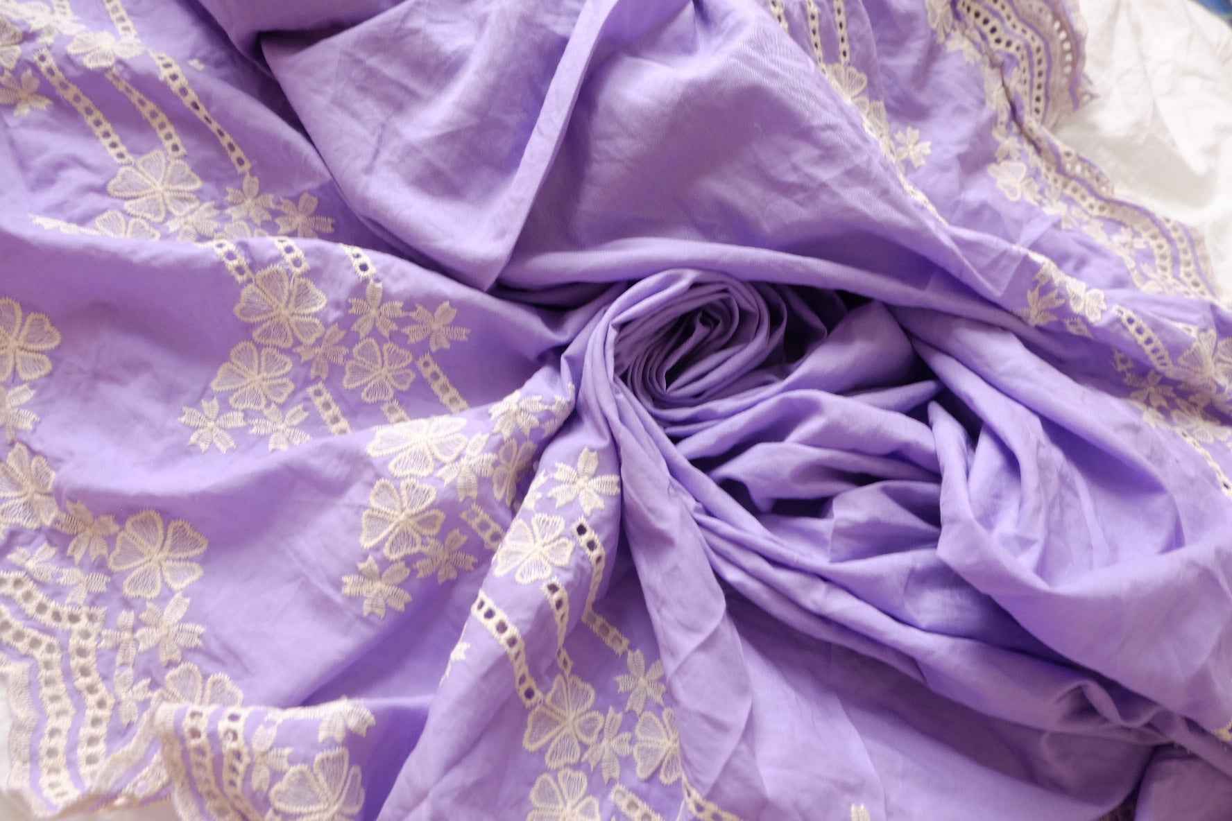 Lilac Embroidered Border Poly-Cotton Fabric - 2.19 yd