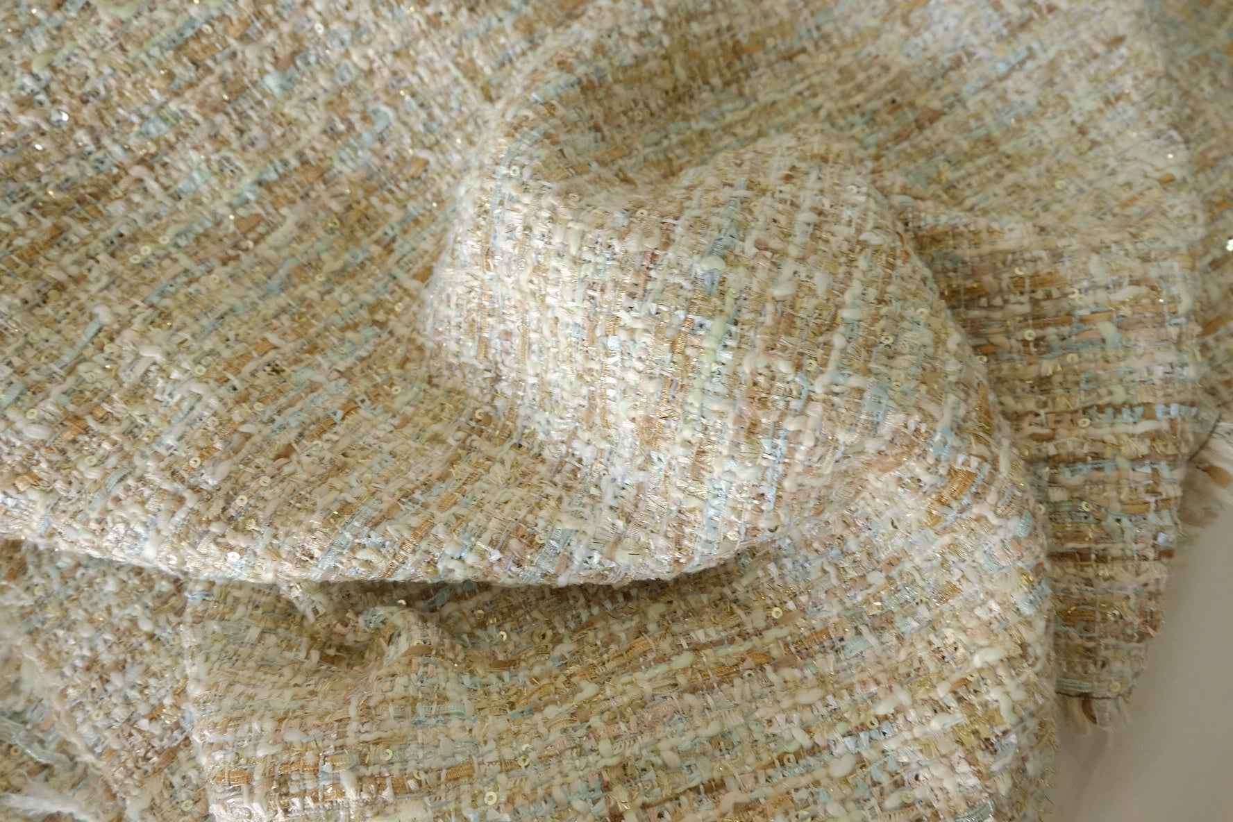 Bouclé Tweed Fabric – Soft Cream Textured Metallic Blend – 2.2 yd