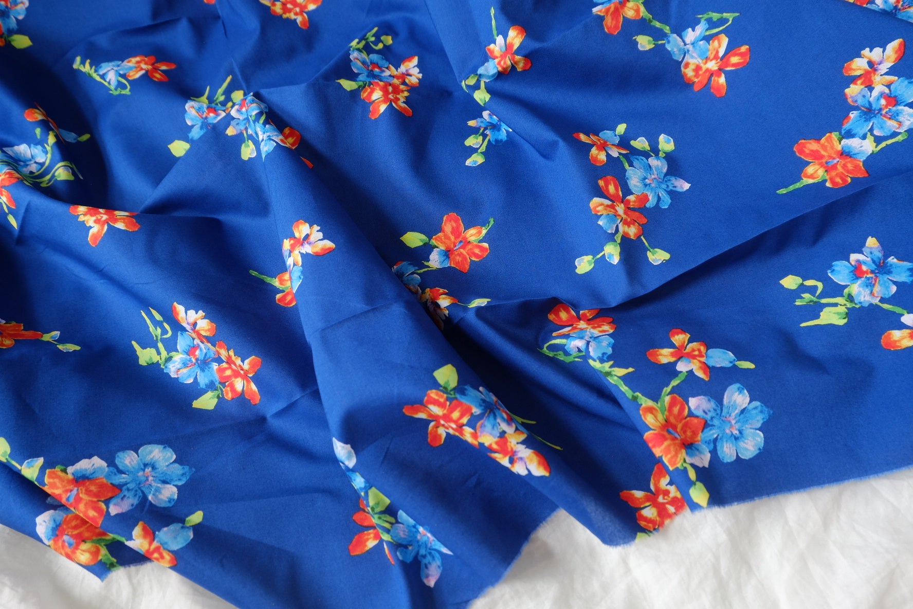 Cobalt Floral Cotton Poplin Dress Cut Fabric - 3.28 yd