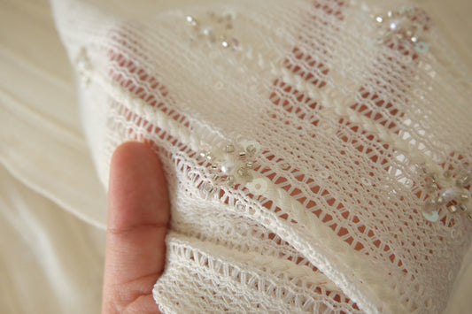 Ivory Pearl Blossom Embellished Openwork Knit Fabric – 1.6 Yards