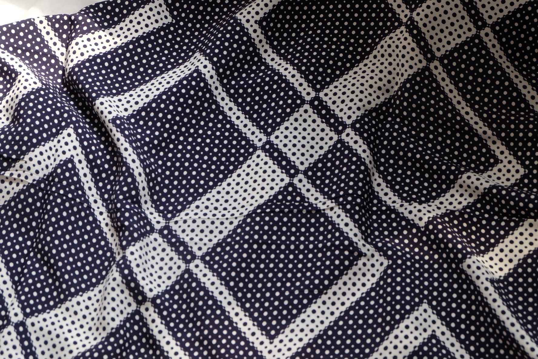 Navy Dot Geometric Dress Fabric, Soft Rayon-Like Hand, 3.28 Yards