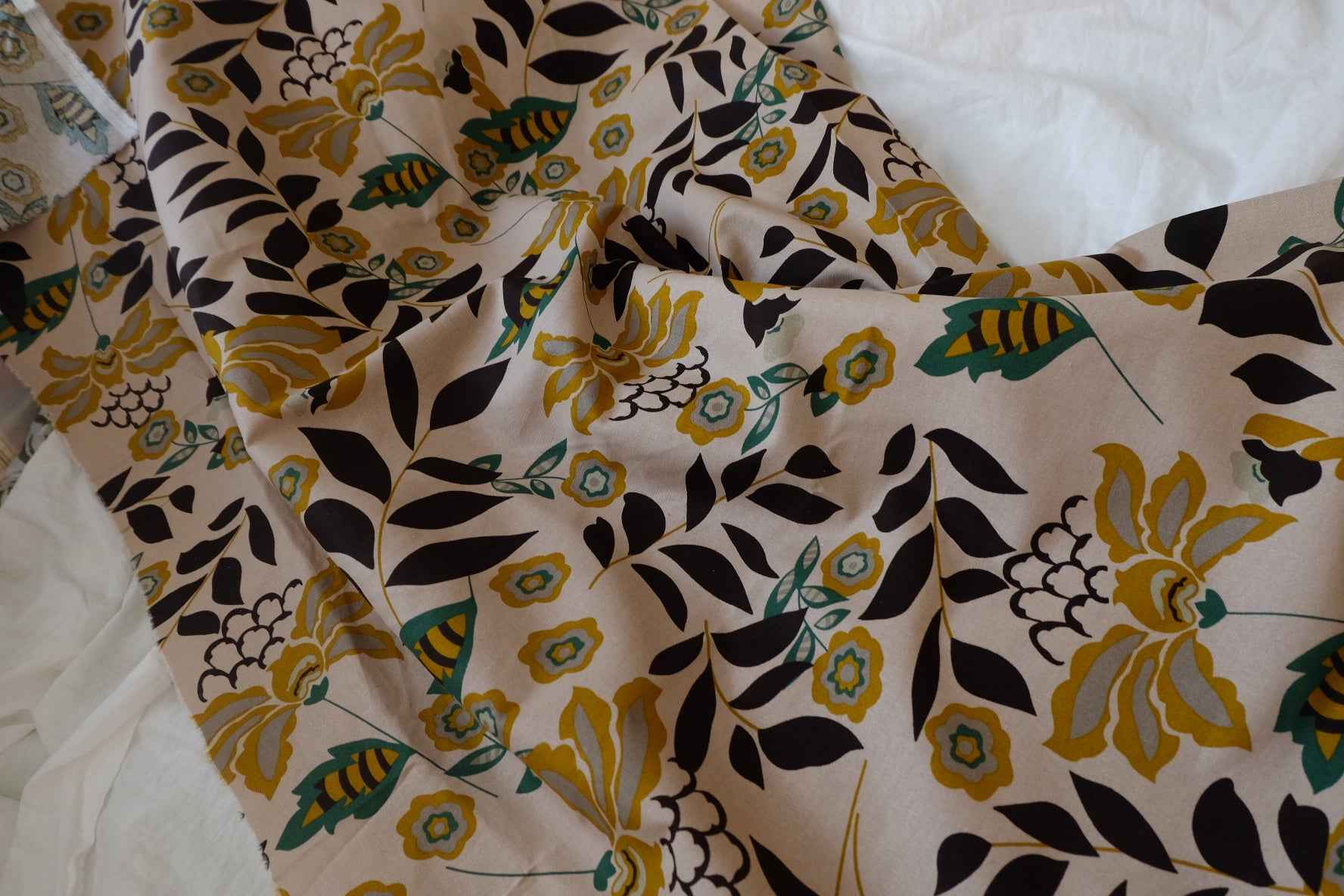 Mustard Floral Cotton Linen Fabric - 1.64 yd
