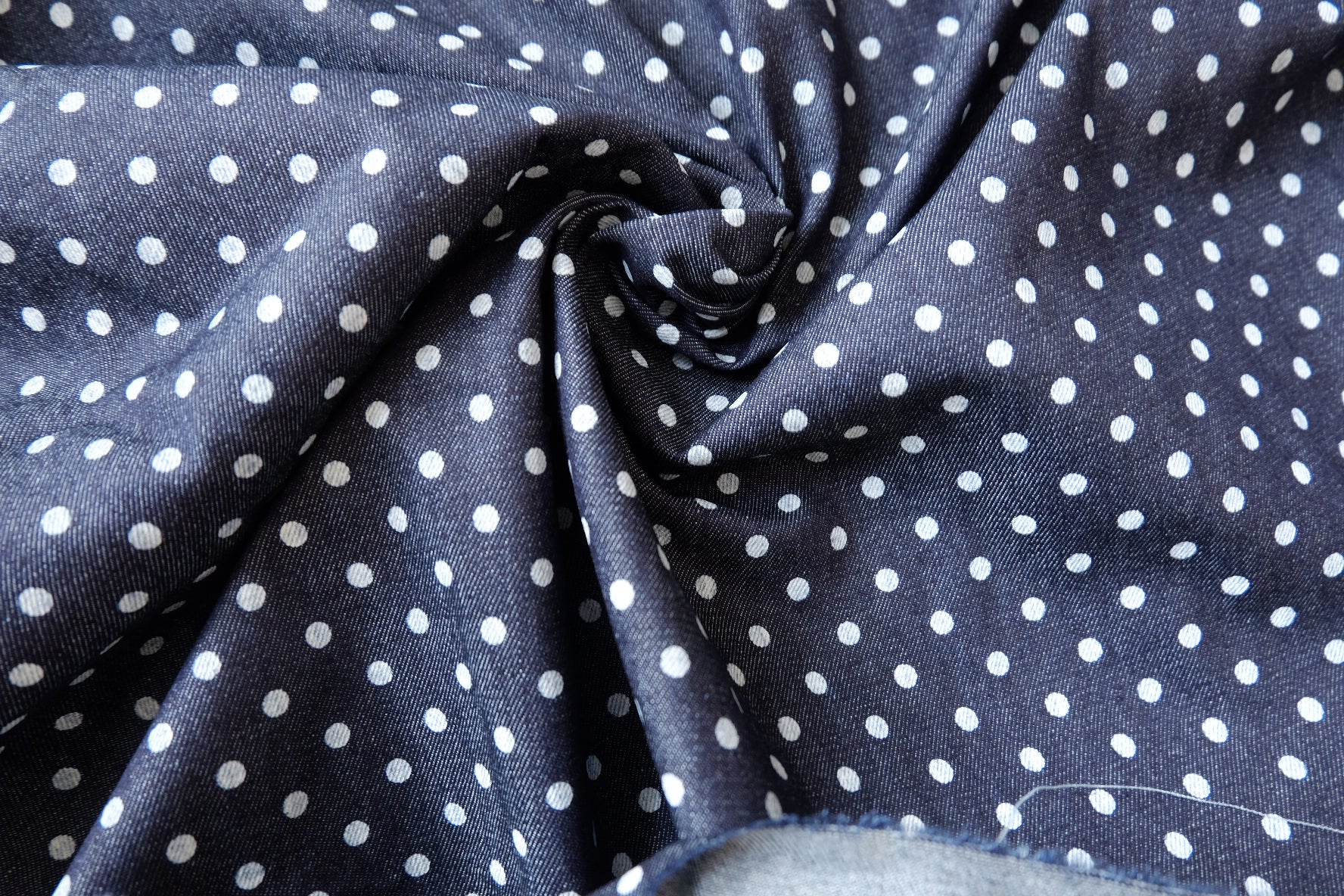 Navy Polka Dot Cotton Denim, Extra Wide Width, 1.64 Yards