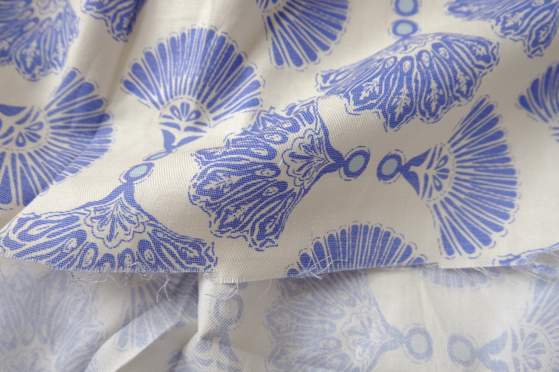 Blue Fan Motif Cotton Twill Sample Fabric - 1.53 yd