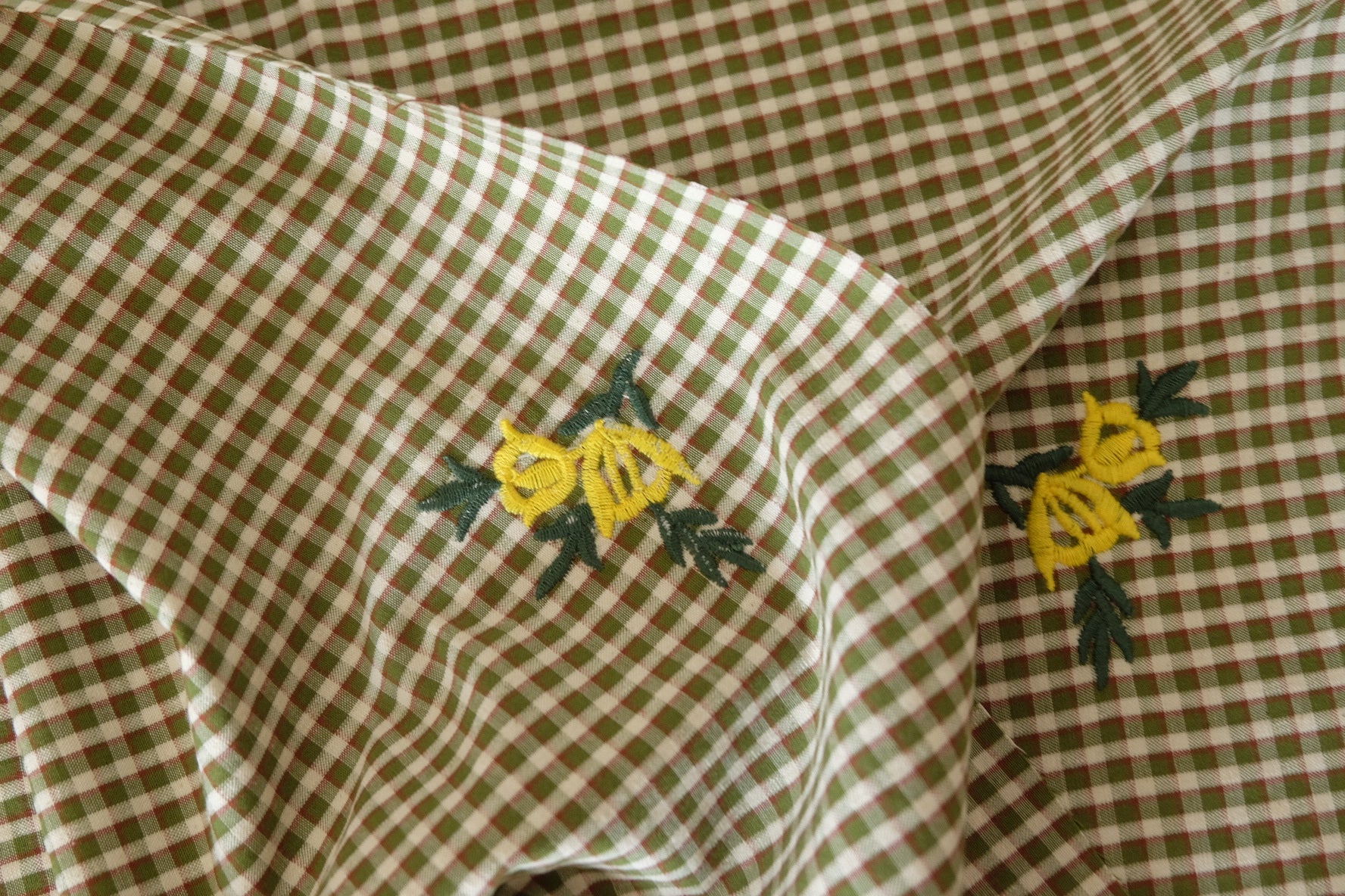 Embroidered Olive Gingham Cotton Fabric – Yellow Floral Detail – 1.1 yd
