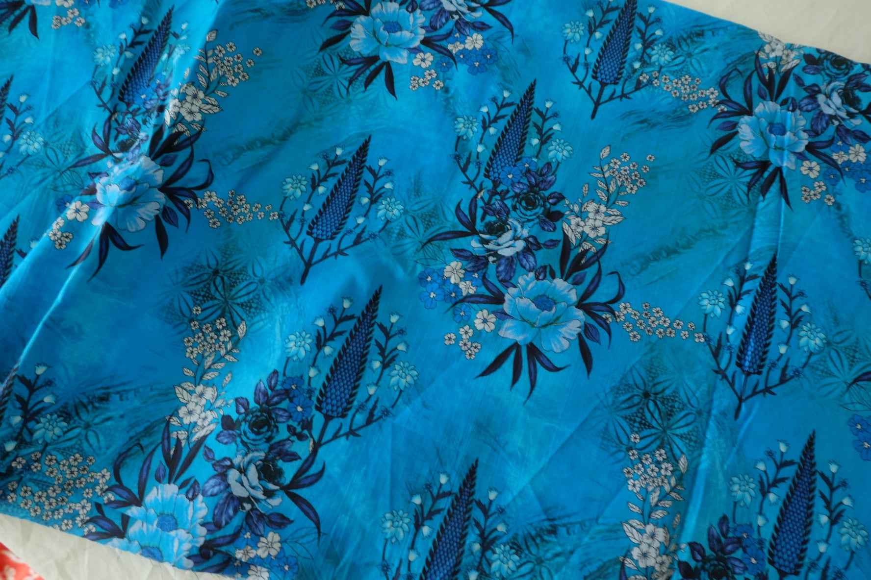 Turquoise Blue Floral Lightweight Cotton Lawn Fabric – 3.3 yd