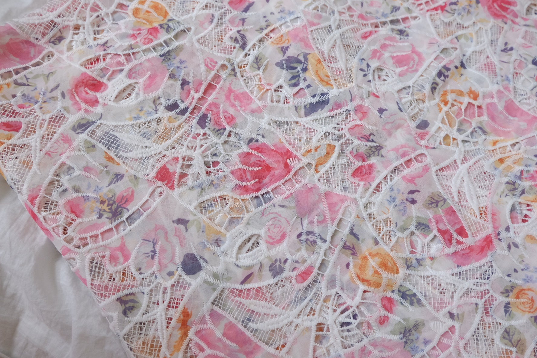 Pink Floral Openwork Embroidered Lace Fabric - 2.19 yd