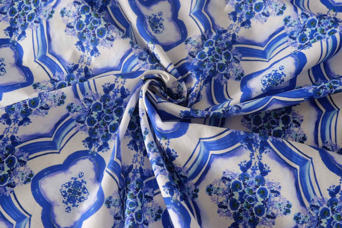Blue Floral Tile Cotton Poplin — 3.28 yd