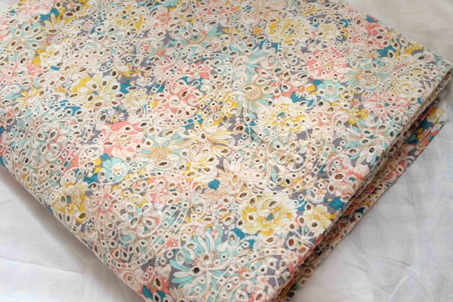 Floral Embroidered Eyelet Cotton Fabric, Soft Dress and Blouse Weight, 1.64 Yards