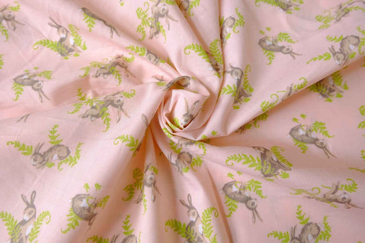 Lightweight Cotton Poplin Fabric, Pink Bunny and Fern Print, 1.64 Yards