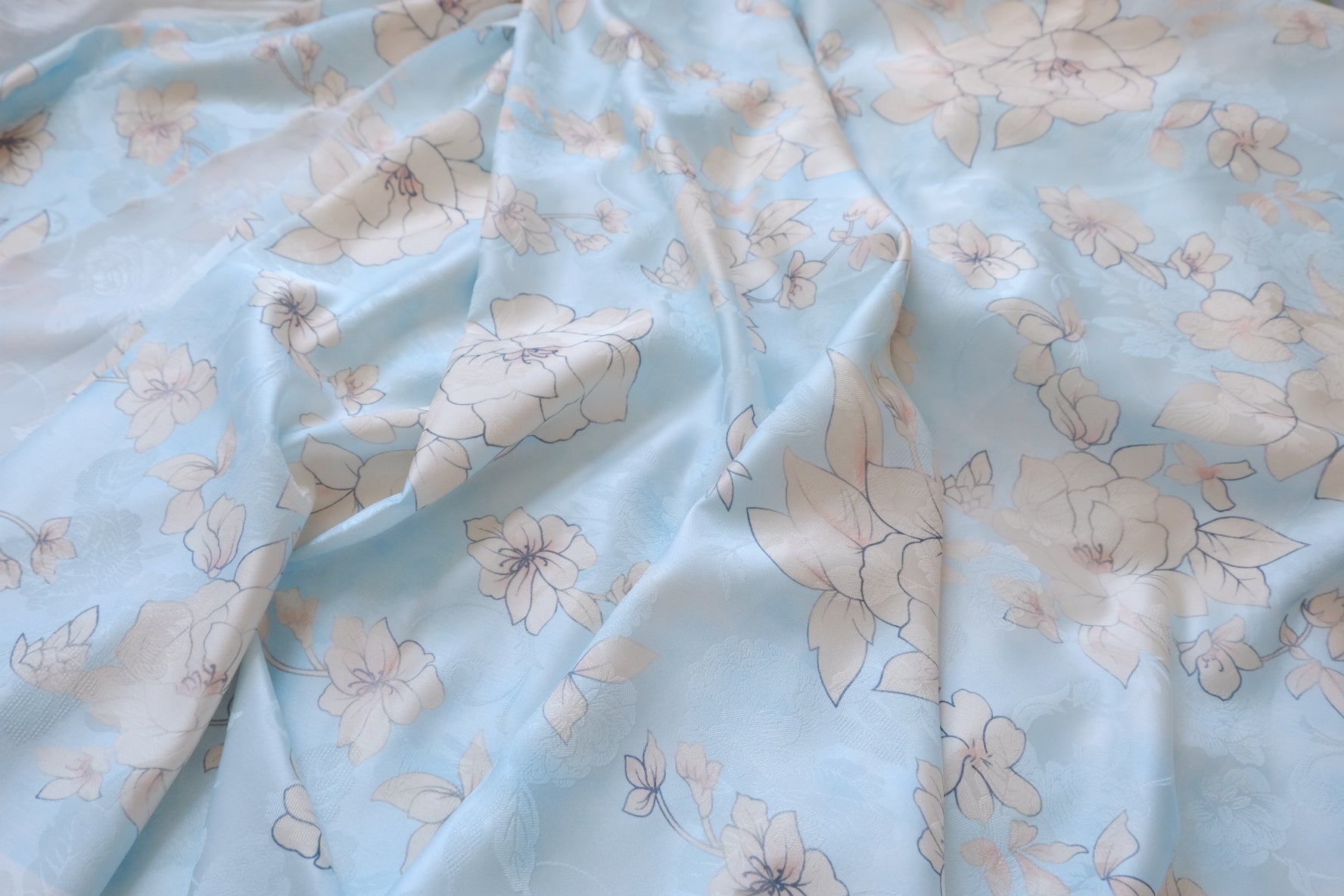 Pale Blue Floral Rayon-Acetate Jacquard Satin Fabric - 1.64 yd