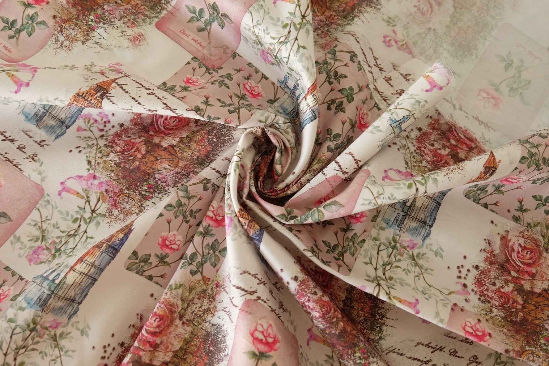 60s Cotton Sateen Printed Fabric – 1 Yard Vintage Floral & City Postcard Design