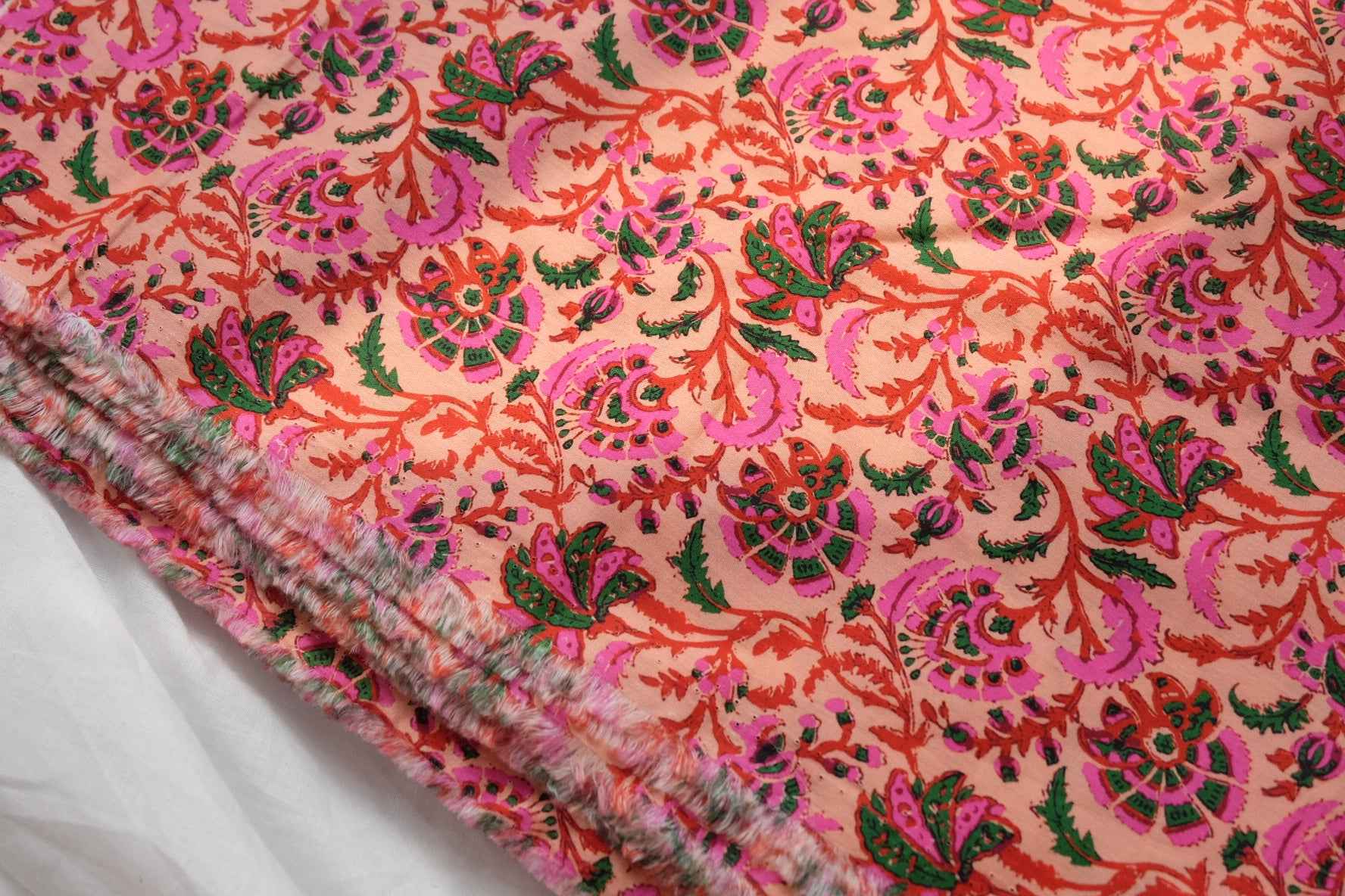 Peach Indian Floral Cotton Poplin Fabric, 60s Cotton Shirting Weight, 3.06 Yards