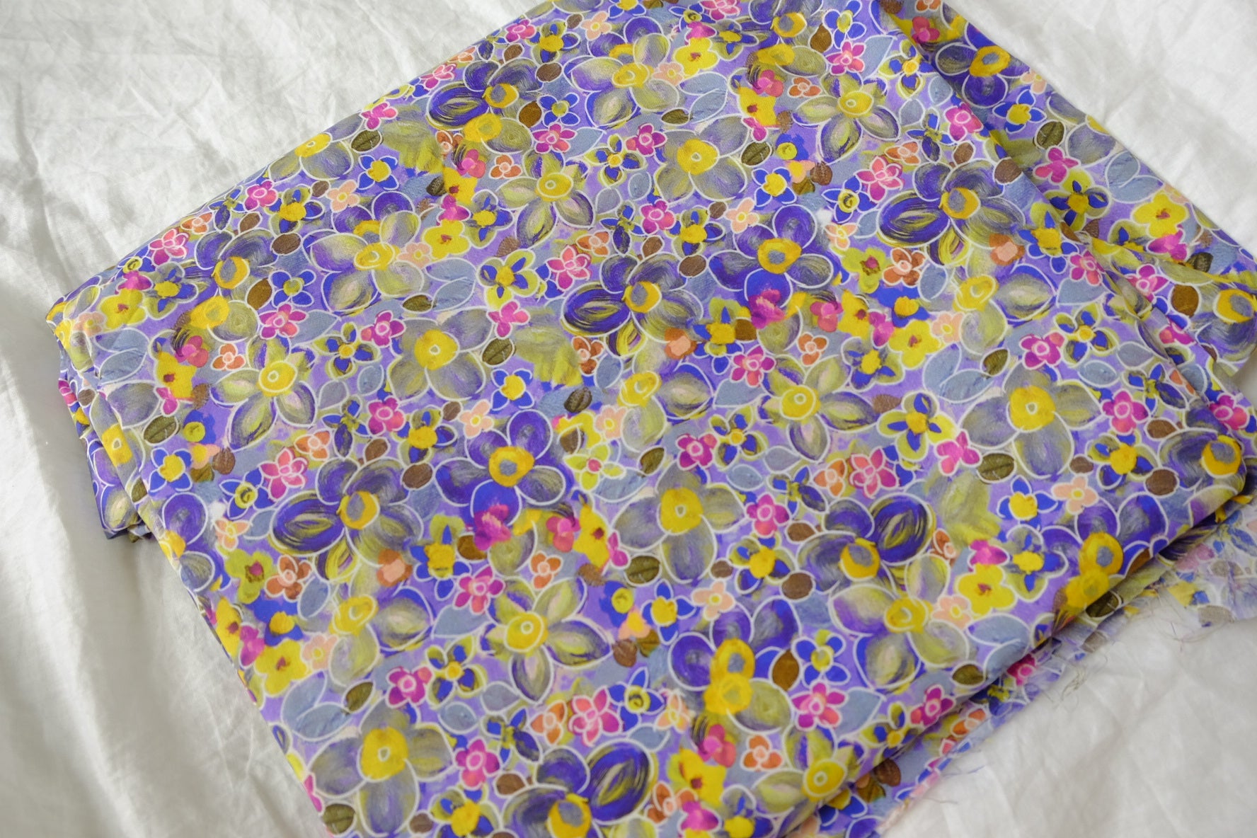 Painterly Purple Yellow Floral Cotton Lawn Fabric - 3.28 yd