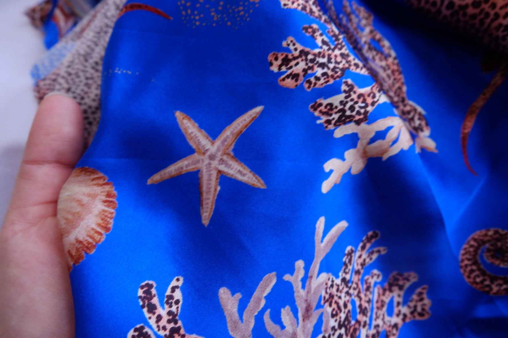 Ocean Blue Satin Rayon Sea Life Fabric - 3.28 yd