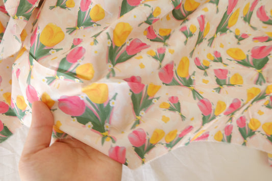Tulip Bouquet Cotton Lawn Fabric – Pink Yellow Spring Floral Print (1.6 yd Cut)