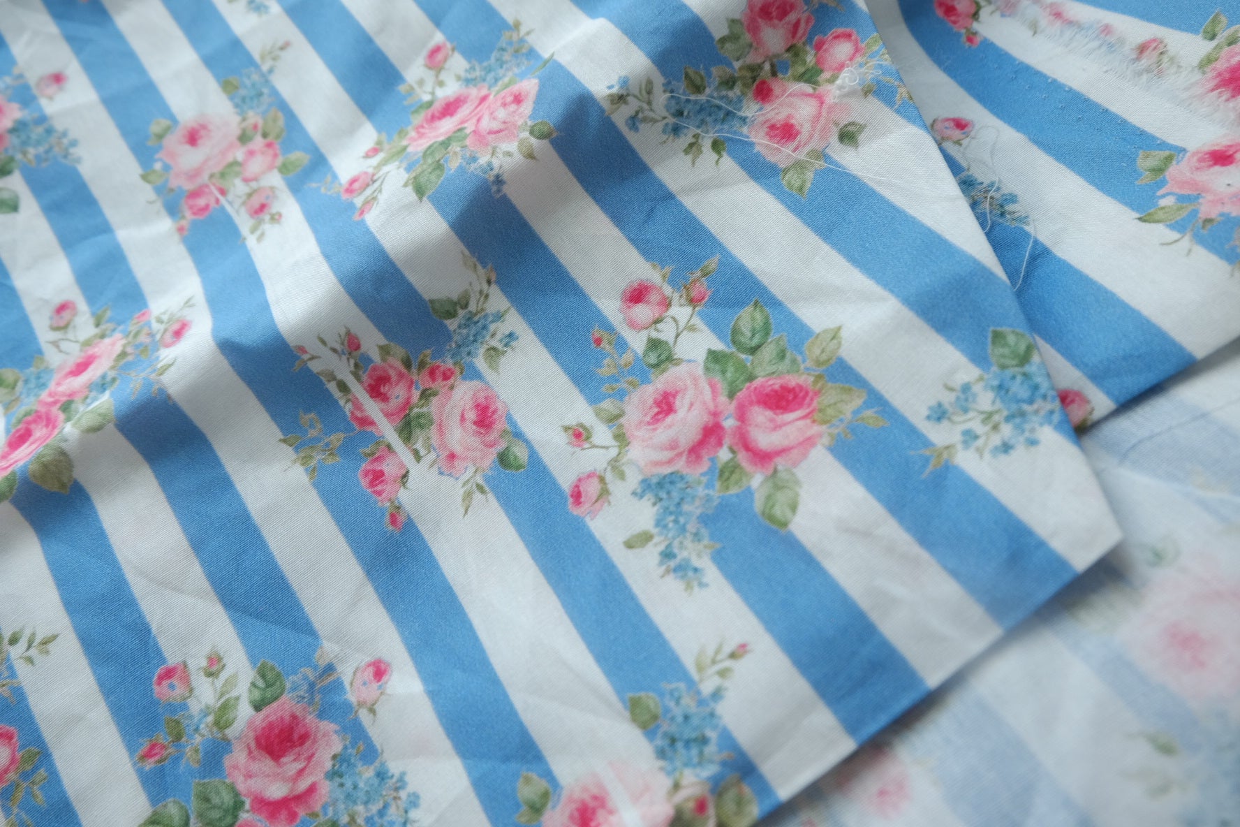 Blue Stripe Rose Cotton Poplin Fabric - 1.31 yd / 1.42 yd
