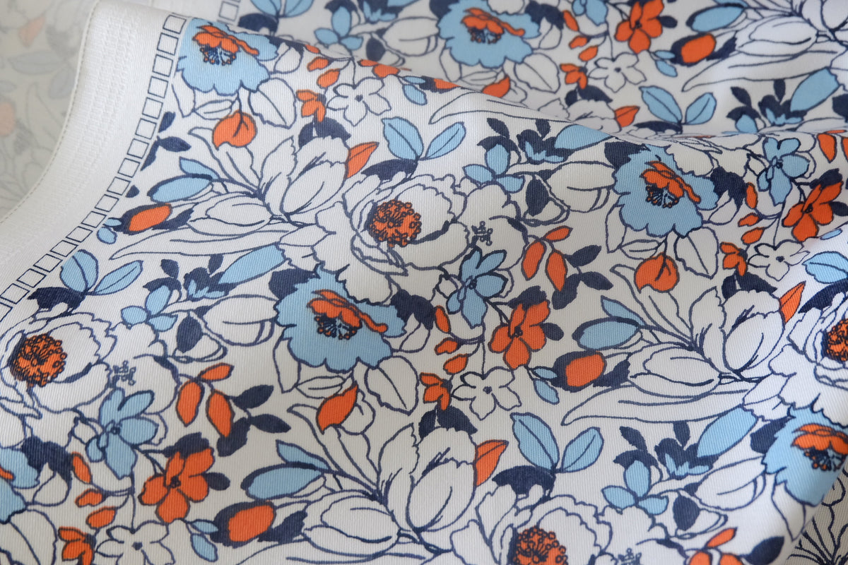 Blue & Orange Floral Cotton Denim – 2.2 yd
