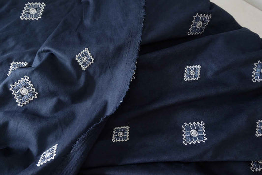 Navy Geometric Embroidered Faux Suede – 1.6 yd