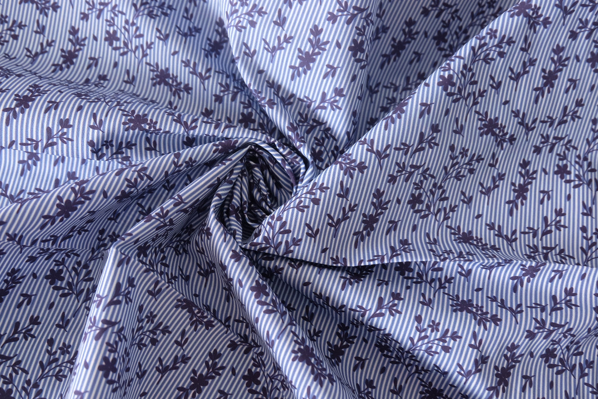 Blue Stripe Floral Cotton Lawn — 2.19 yd
