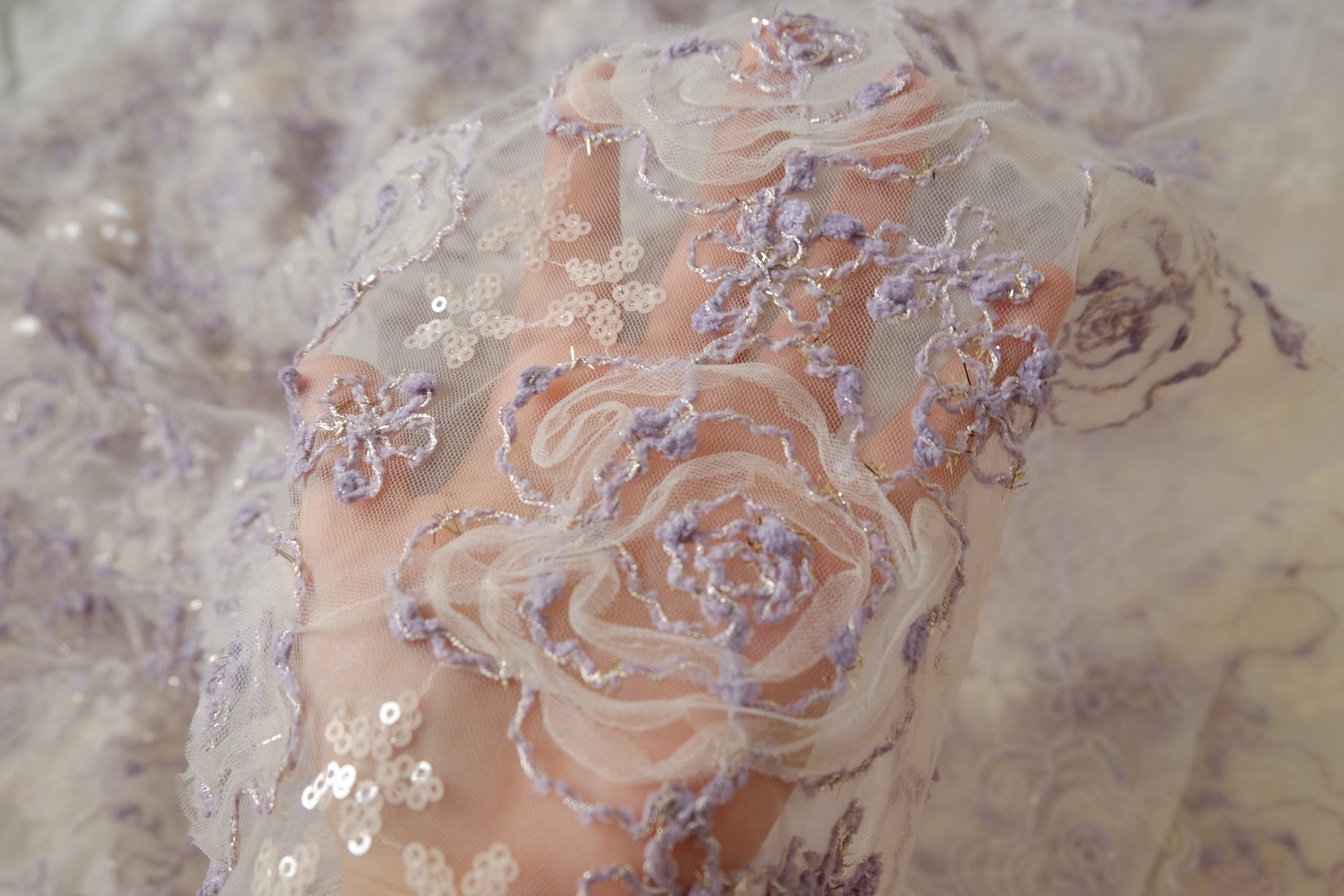 3D Ribbon Rose Sequin Embroidered Tulle – Lavender Statement Mesh Fabric (2.19 yards)